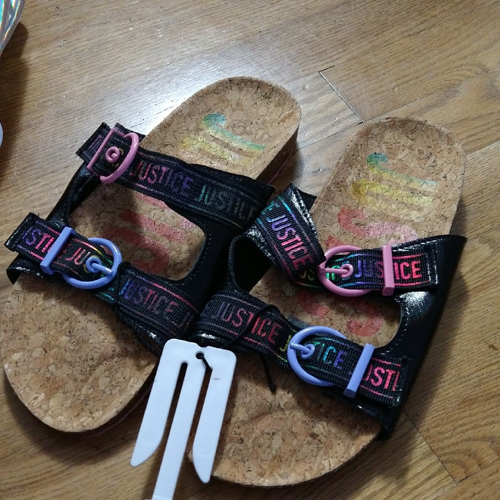 Justice Kids Black Sandals with Colorful Buckles